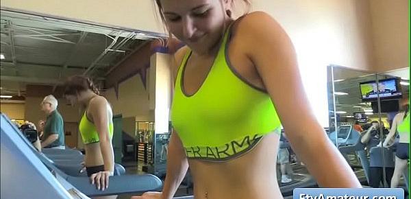  Cutie teenager Fiona flash her big boobs at the gym